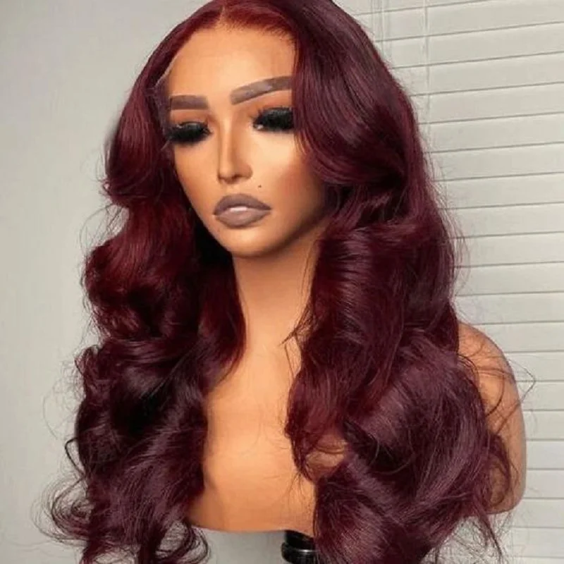 

Burgundy 26Inch 180%Density Glueless Body Wave Lace Front Wig Wine Color For Black Women With Baby Hair Heat Temperature Daily