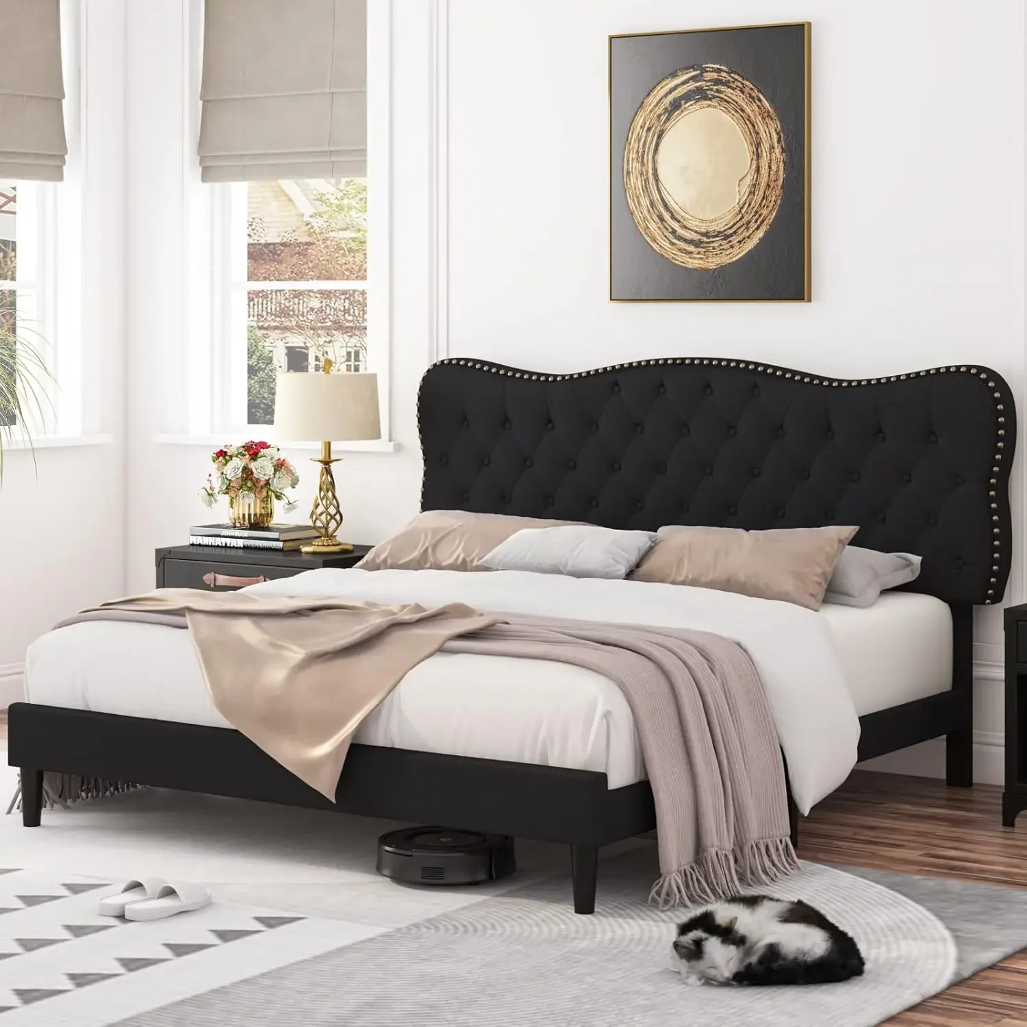 King Upholstered Wood Bed Frame, Black, 43.3-45.3 in