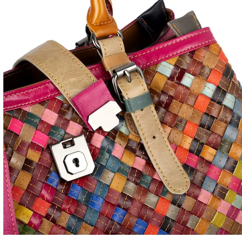 LOMANTINA Fashion Multicolored Genuine Leather Bags Weave Handbags Women\'s Shoulder Bag Colorful Handbag Female Knitting Tote