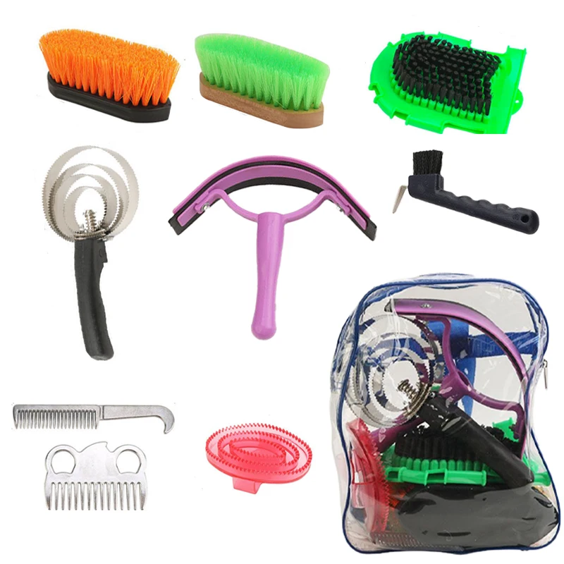 8pcs Horse Grooming Tool Set with Bag Equine Care Cleaning Brush Horse Sweat Scraper Shedding Grooming Massaging Tools Tack Room