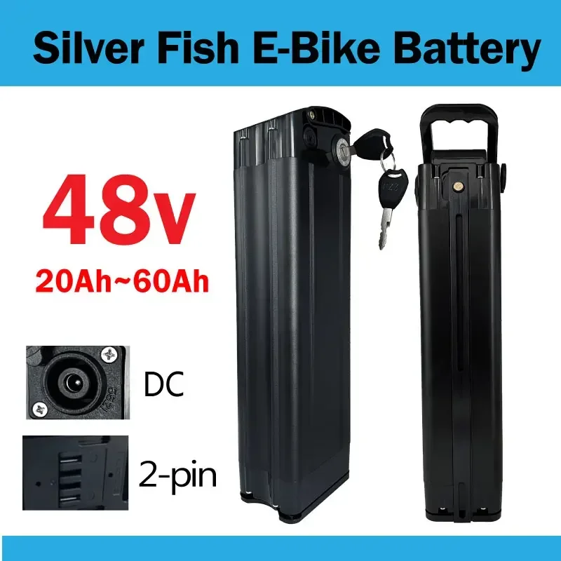 Brand new DC plug socket 48v 20ah-60ah 2-pin Silver fish lithium battery electric bicycle 48v18650 battery with charger