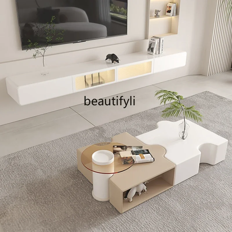 Cream Style Tea Table Living Room Home Modern Minimalist Square Coffee Table TV Cabinet Unit