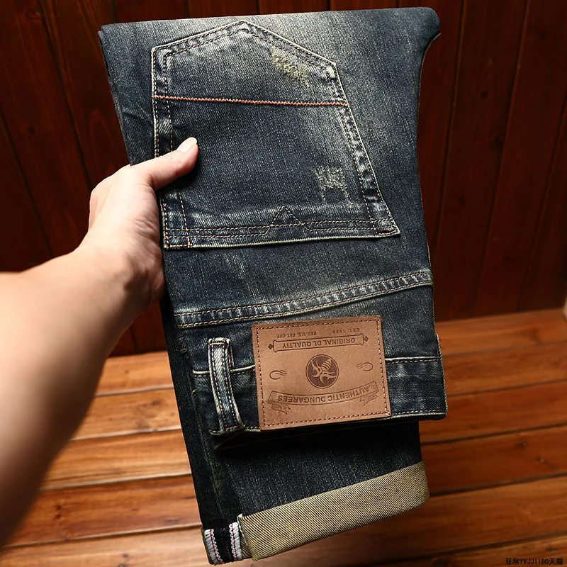 Vintage Nostalgic Men's Slim Fit Straight Jeans Spring Autumn Elastic Versatile Casual Fashion Classic Street Long Pants