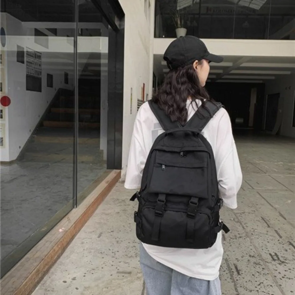 Zaino per studenti di grande capacità alla moda Borsa da scuola in tela multitasche tinta unita Borsa a tracolla Harajuku in nylon da viaggio