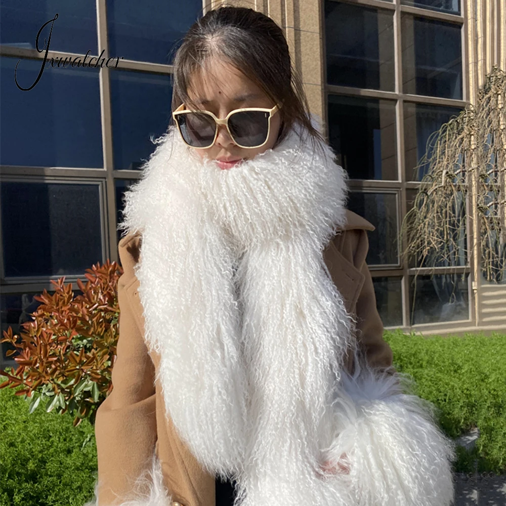 

Jxwatcher Women Real Mongolian Fur Scarf Korean Quality Double-Sided 100% Genuine Sheep Fur Scarves Lady Fall Winter Warm Collar