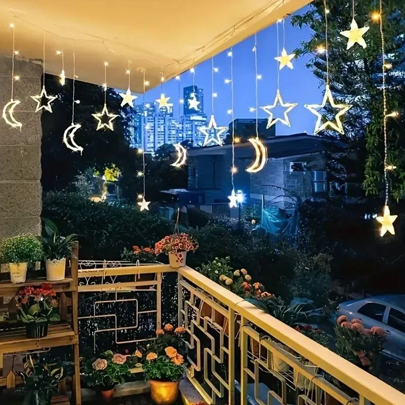 LED Solar Star Moon Curtain Lights Outdoor Waterproof Remote Control Solar Power String Light For Party Home Decor Lamp