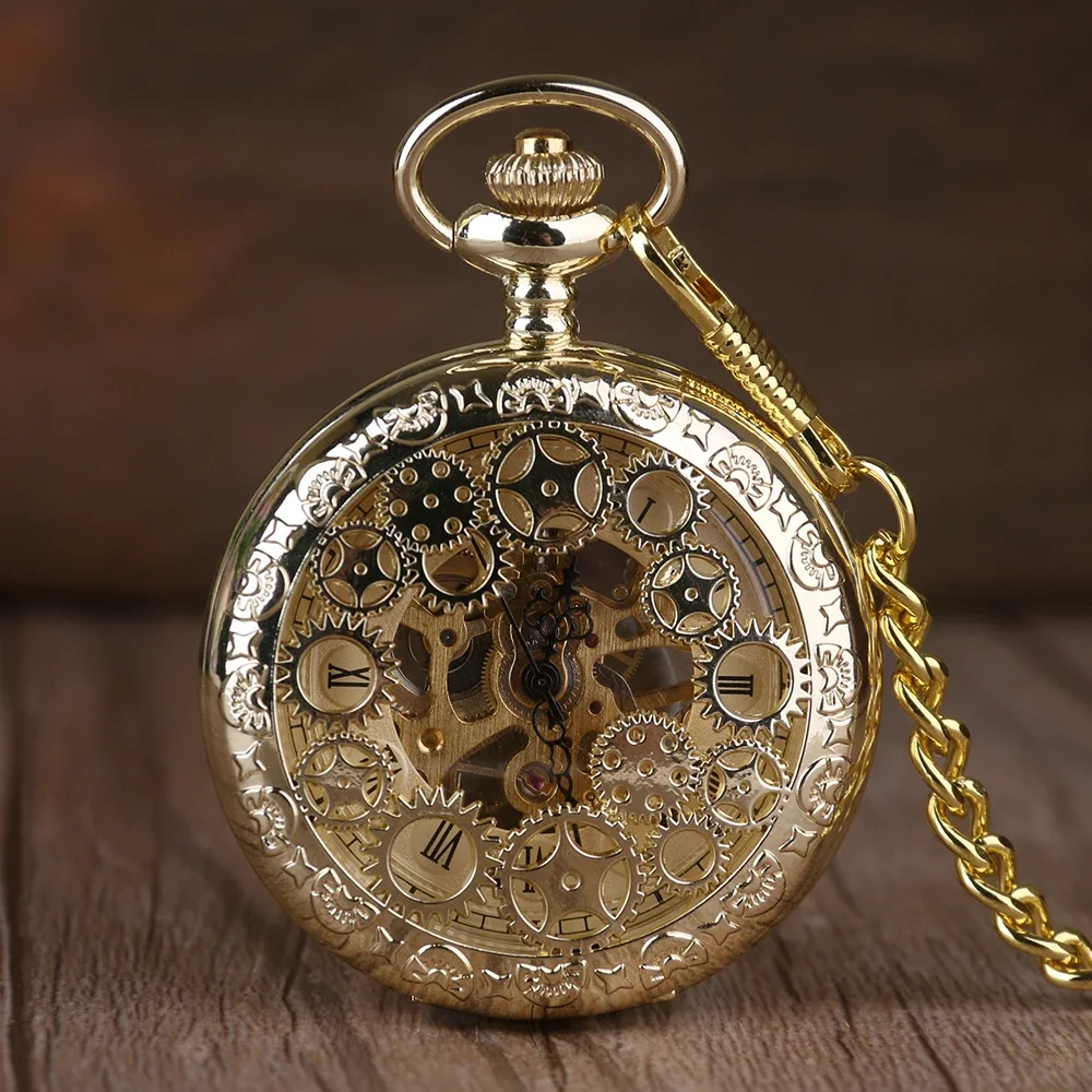 Luxury Fashion Golden Gear Hollow Hand Wind Mechanical Pocket Watch Men Women Pendant Chain Fob Watch Gifts