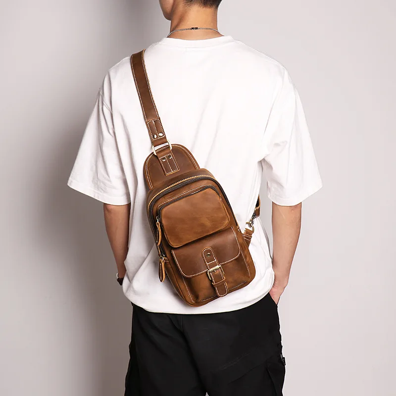 Imagem -02 - Bolsa de Peito Masculino Designer Novo Vintage Bolsa de Ombro Crazy Horse Couro ao ar Livre Crossbody Sling Bolsas Viagem Pacote de Dia