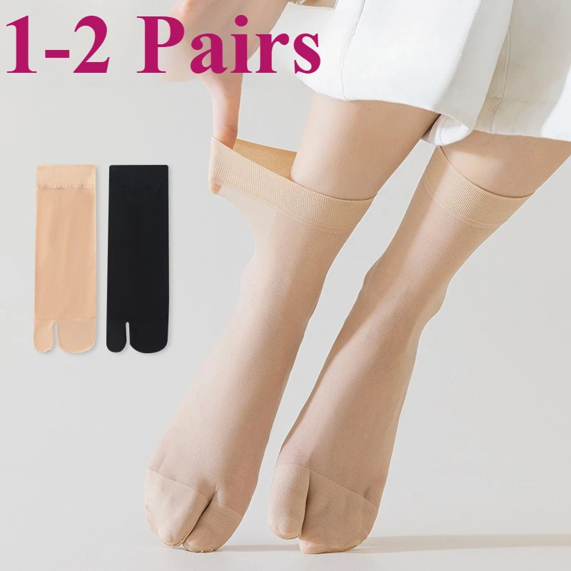 1-2 Pairs Summer Thin Solid Nylon Middle Tube Silk Socks Japanese Style Cute Tabi Toe Sock Breathable Two-toe Separated Socks