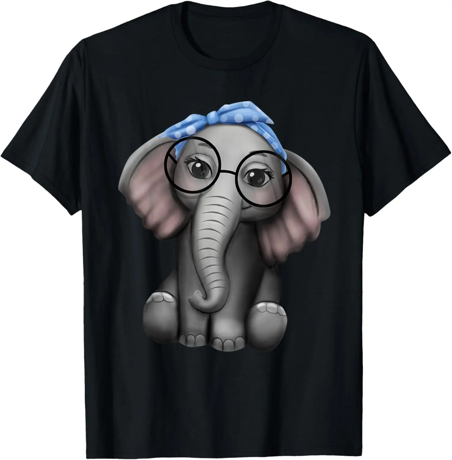 

Cute Nerd Elephant with Glasses and Polka Dot Headband Graphic Tee Casual Cotton T-Shirt