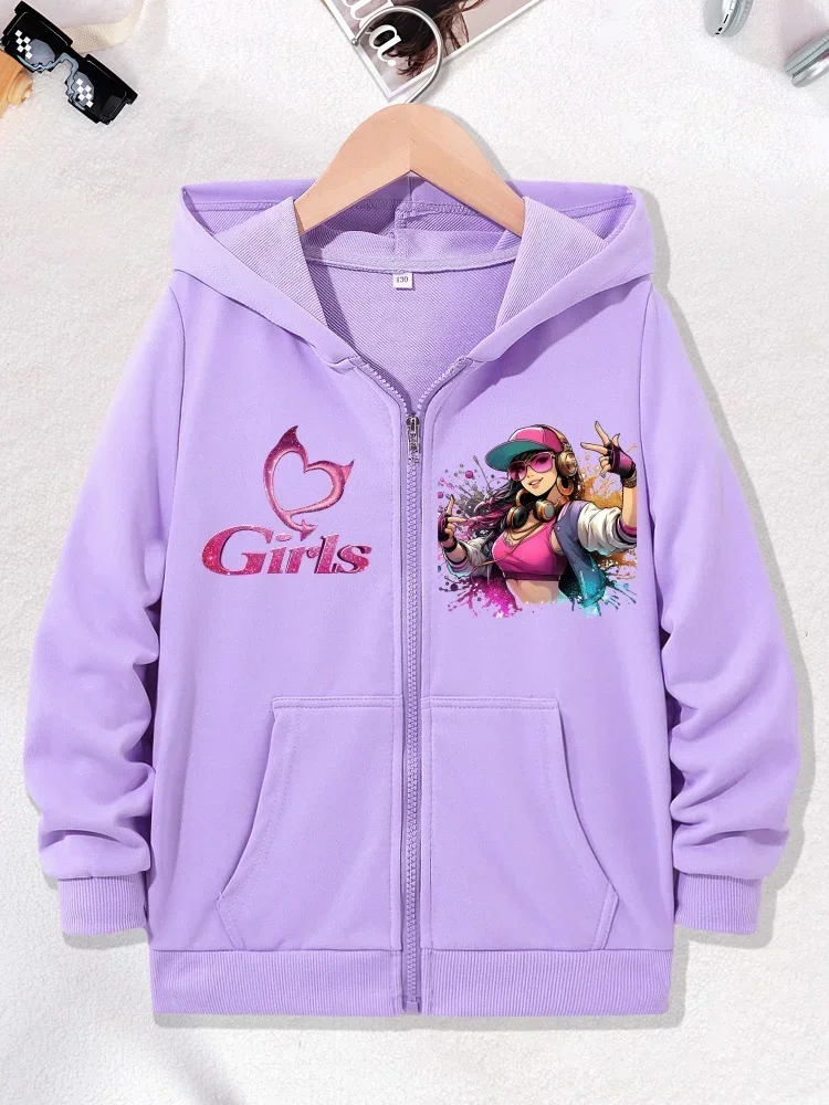 Kids Fashion Pink Glitter Heart Girls Text DJ Girl Print Zip Up Hooded Jacket Girls Long Sleeve Loose Spring Outerwear