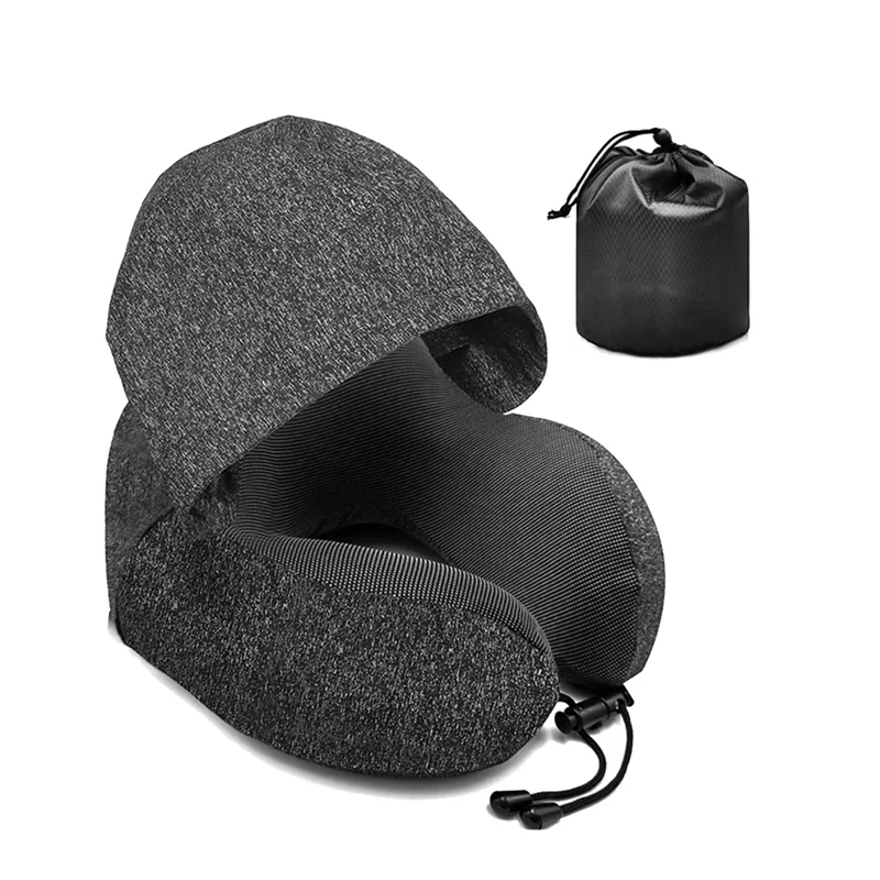 Travel Pillow Hooded U-Shaped Pillow Cushion Office Airplane Head Rest Neck Pillow Noon Sleeping Pillows with Hat Black