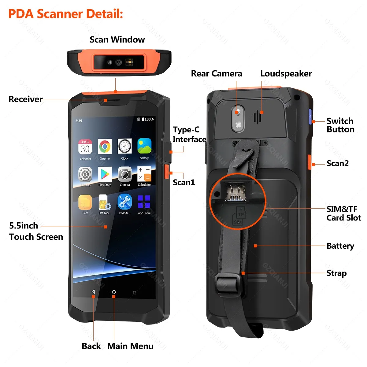 5.5'' Handheld PDA Terminal 4G Mobile Android Portable Wifi Bluetooth 1D 2D Barcode Scanner Reader Machine Data Collector 4G64G