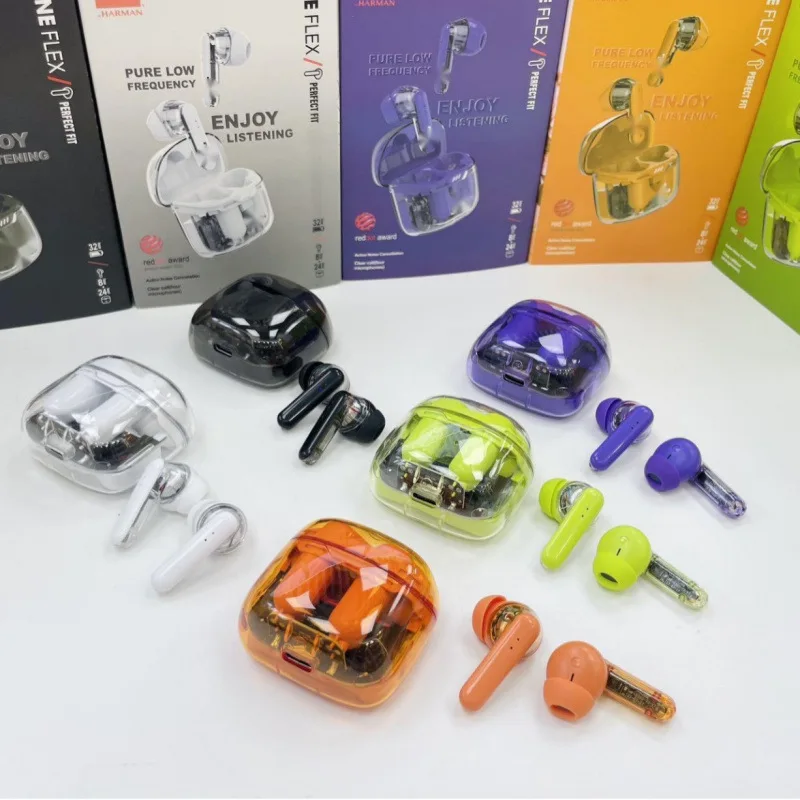 Nuovi auricolari Bluetooth wireless con cancellazione del rumore TUNE FLEX con piccola tecnologia nera con guscio trasparente sportivo a fagiolo di cristallo
