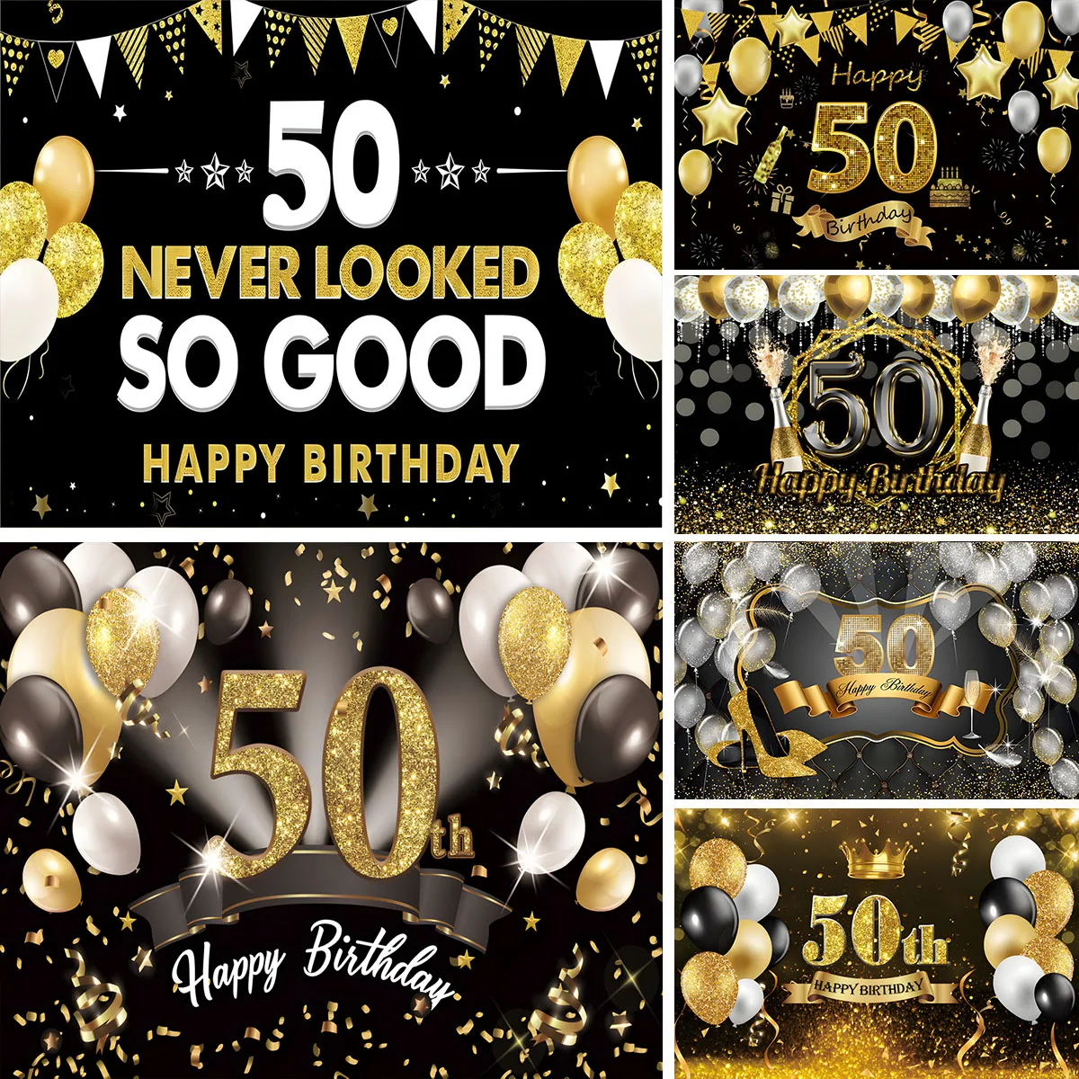 Happy 50th Birthday Backdrop Glitter Bokeh Black Gold Balloon 50 Years Old Background Fifty Bday Party Cake Banner for Men Women