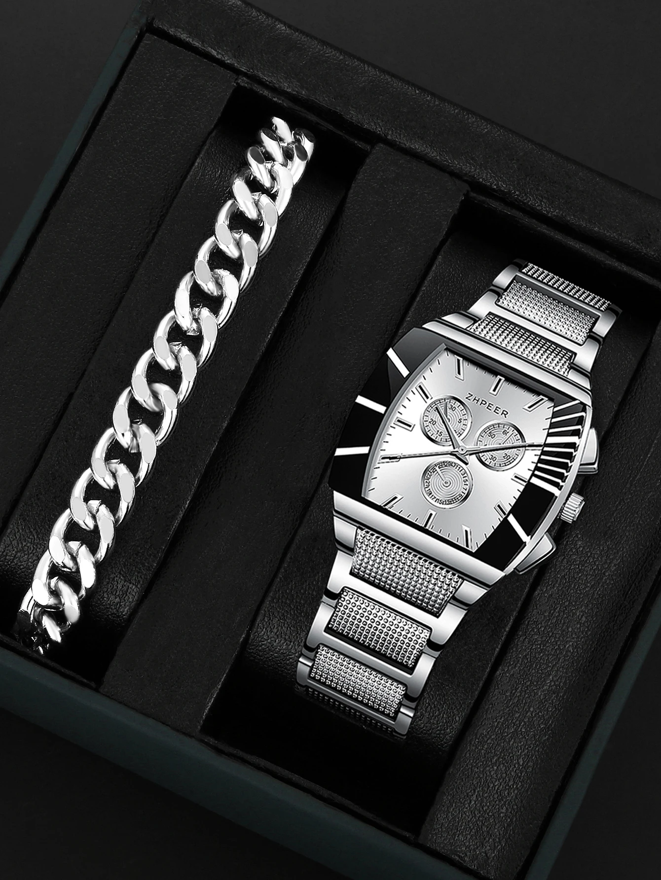 1 new men's business steel band quartz watch+1 alloy bracelet