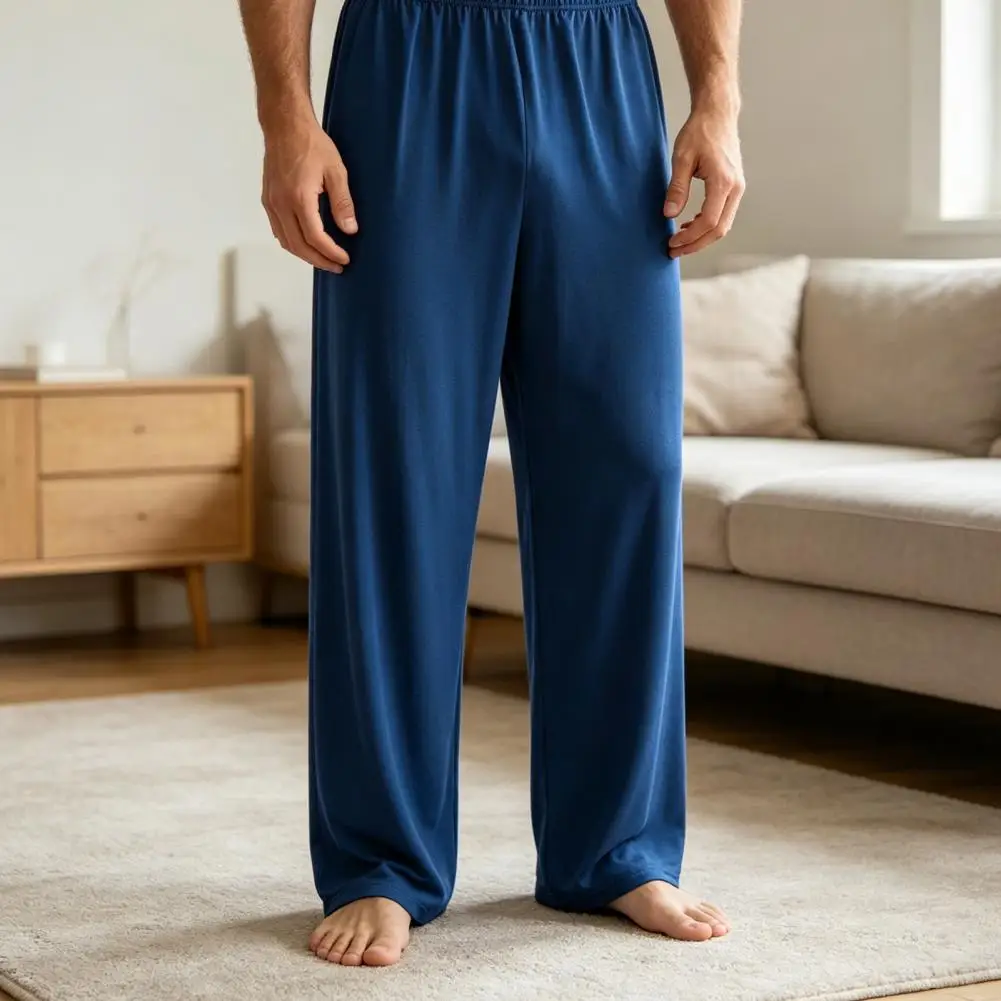 

Мужские пижамные брюки с завышенной талией из ледяного шелка, эластичные, со средней посадкой, широкие штанины, для дома, мягкие, дышащие, эластичные