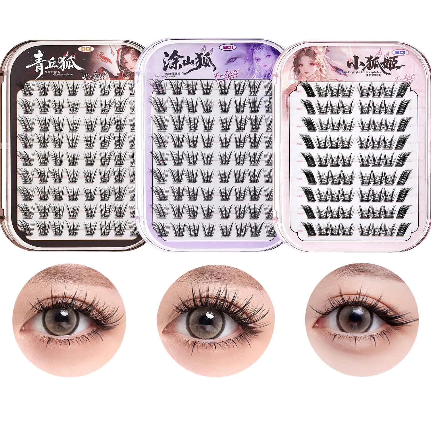 BQI Fox Style Schräge künstliche Wimpern, natürlich geschwungen, DIY-Wimpern für den oberen Wimpernkranz, kein Kleber erforderlich, selbstklebende Wimpern
