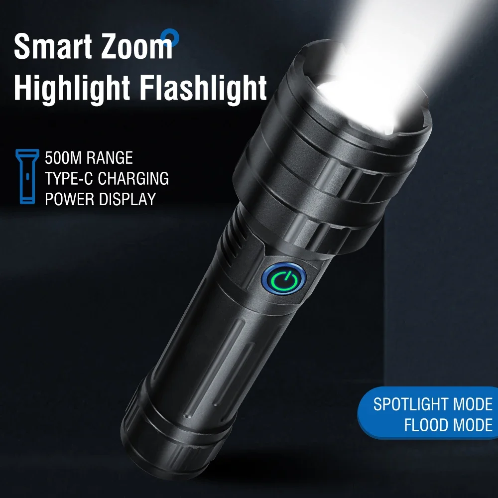 BORUiT HR-1760 Zoomable 800LM LED Flashlight 500M Long Range Waterproof Torch Type-C Charging Multi Power Supply Emergency Light
