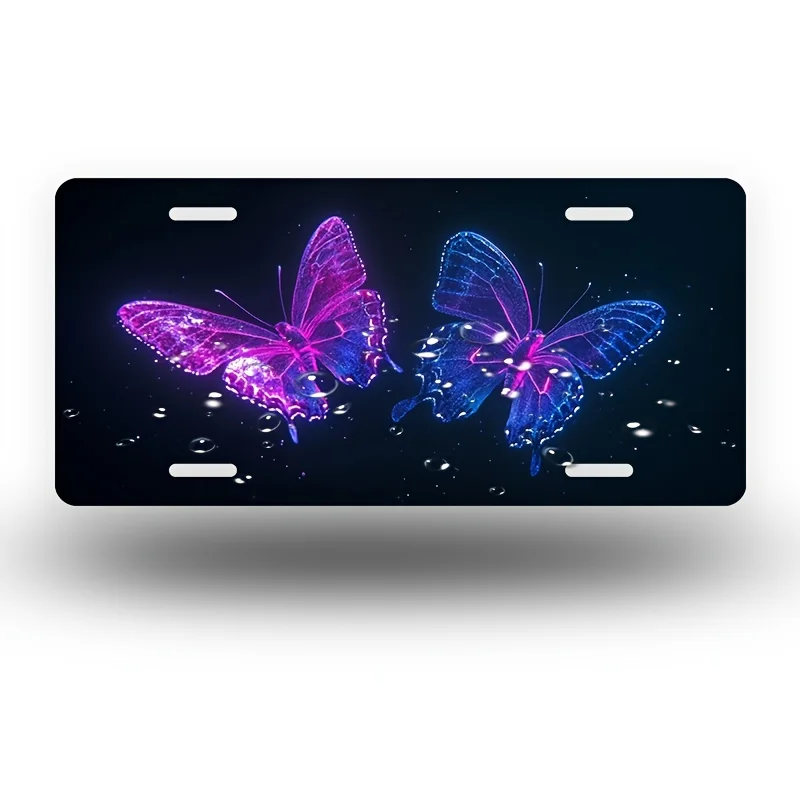 2D Flat, 1pc 2D Flat Neon Butterfly Front License Plate, Aluminum License Plate Cover and Frame, Fun Novelty Standard Plate Deco