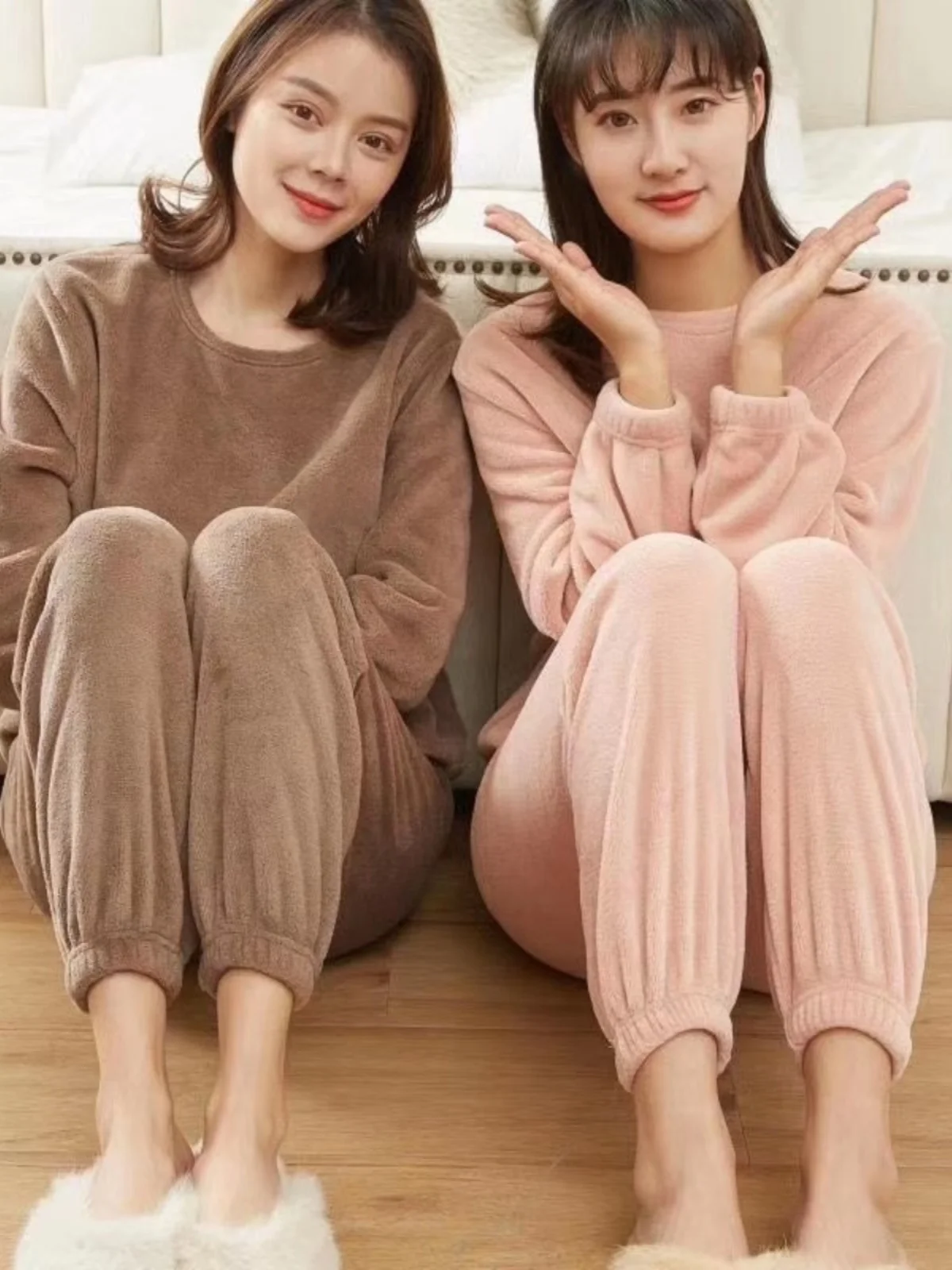 Autumn and Winter Coral Fleece Set Warm Women Fleece-lined Thickened Home Wear Set Outer Wear All-Matching Loose Fashion Casual