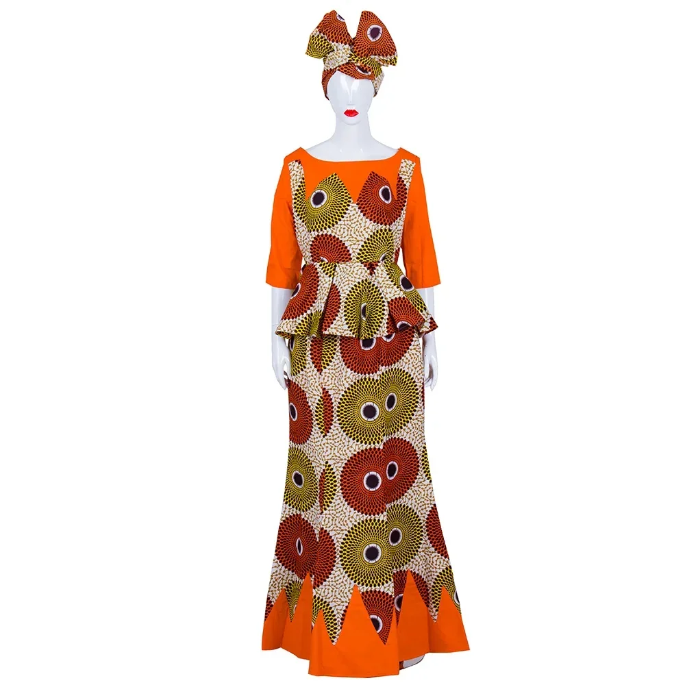 Bintarleawax African Women Skirt Set Dashiki Cotton Crop Top and Skirt Set+Head Scarf Women Suits Outfits WY1437 image 2