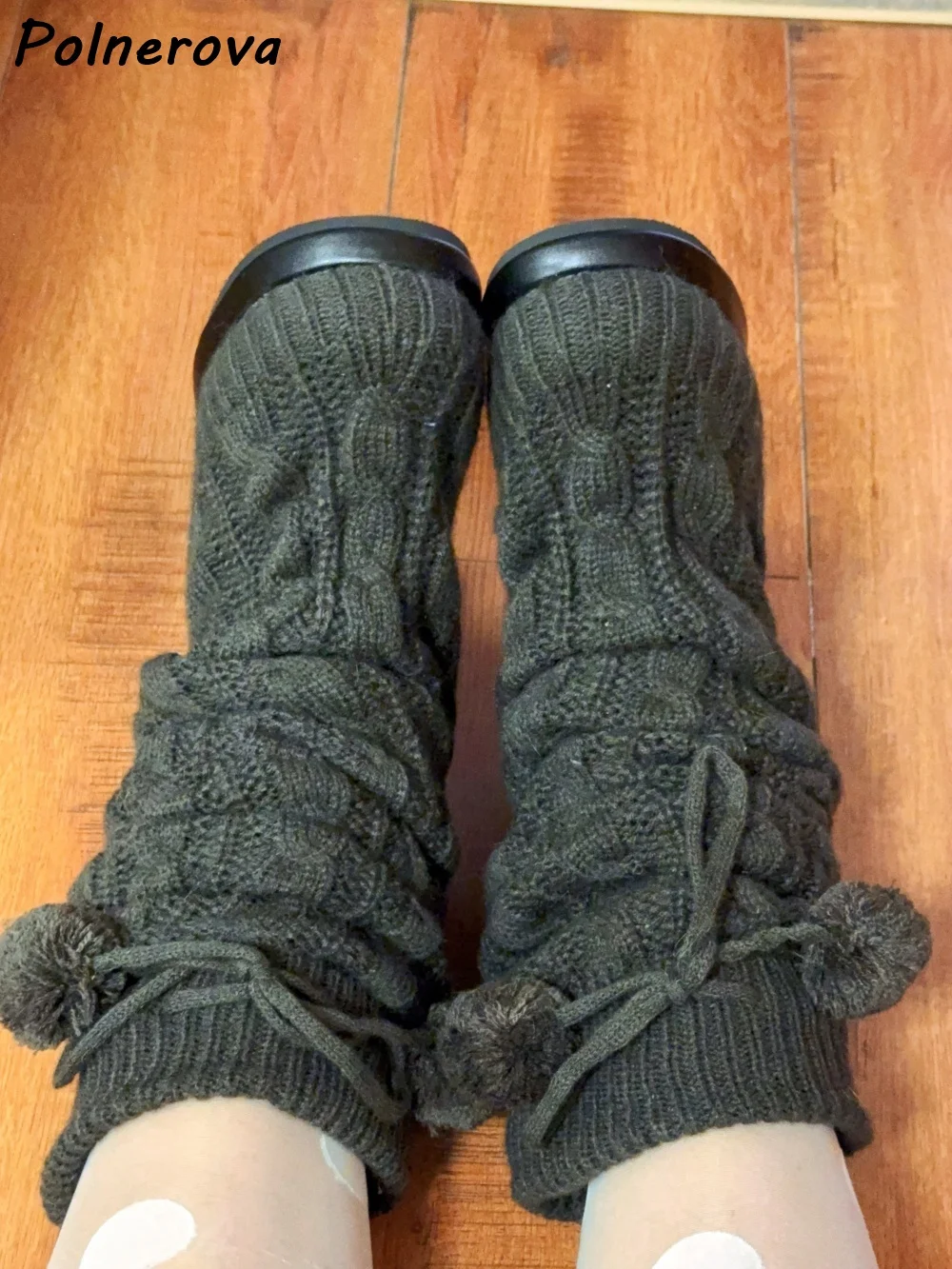 Knitting Furry Ball Boots Pleated Round Toe Chunky Heels Lace Up Gray Lovely Winter Shoes Women's Warm Y2K Knee High Boots