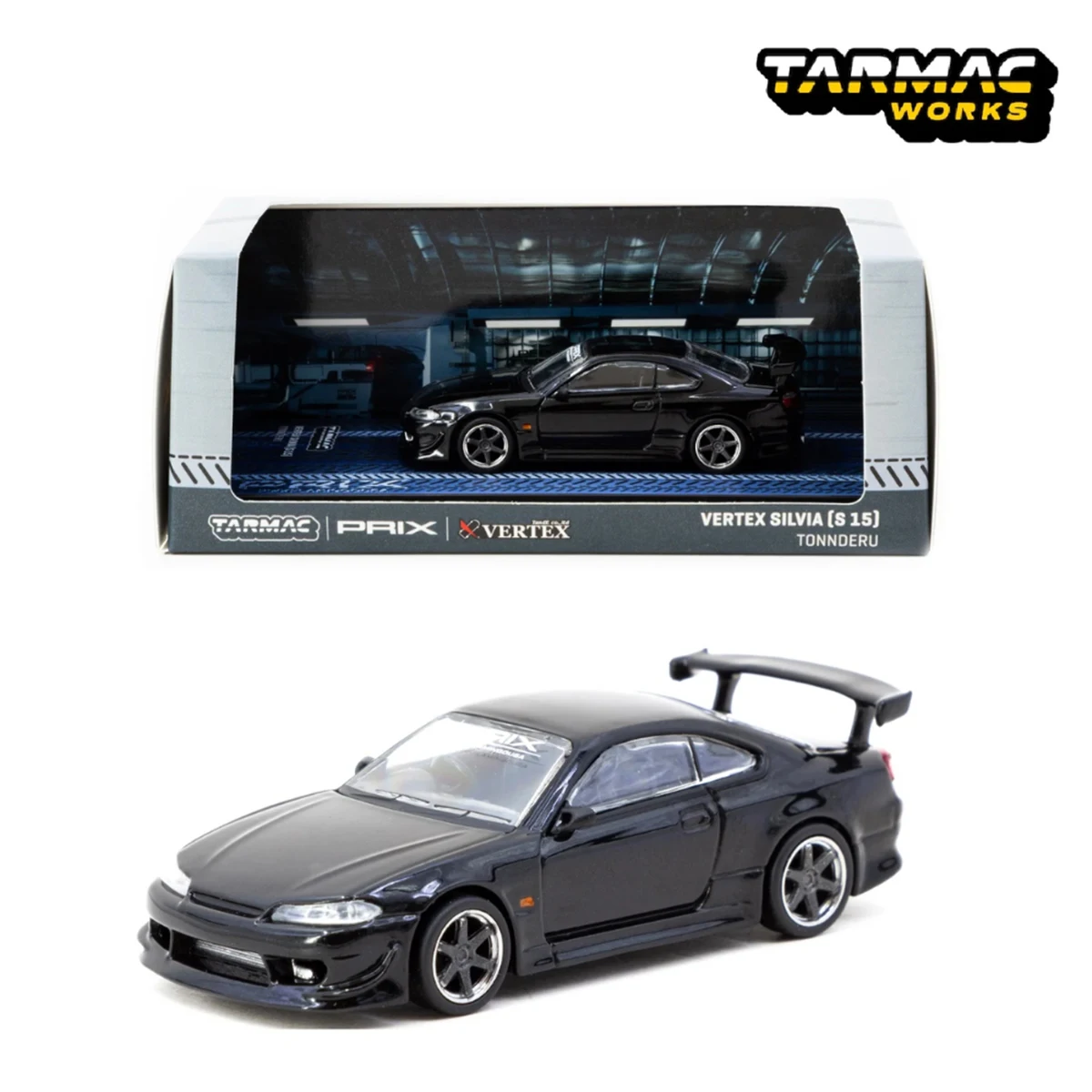 Tarmac Works × PRIX × VERTEX 1:64 Nissan Silvia S15 Vertex "Tonnderu" Preto, Modelo de Carro em Diecast, Em Estoque, Pronto para Envio