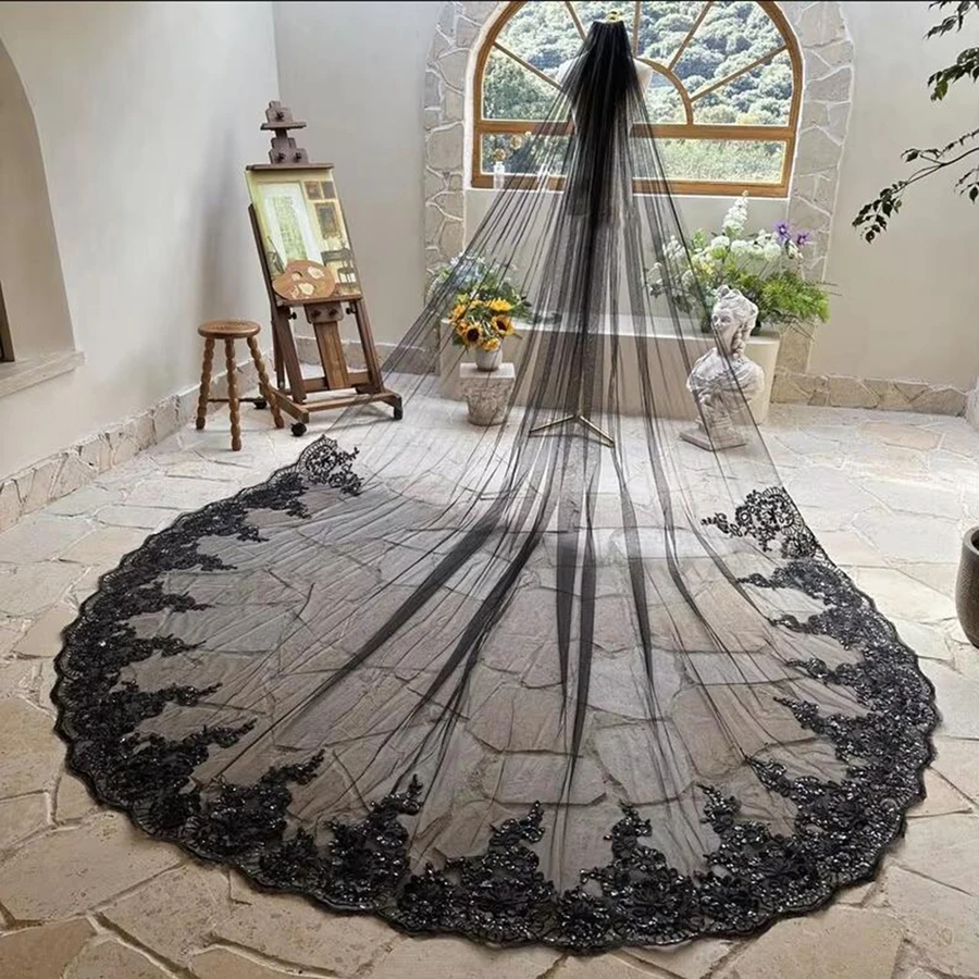 

Wholesale Black Wedding Cape Veils Cathedral Length Wedding Accessories Lace Bridal Veil Velos de novia
