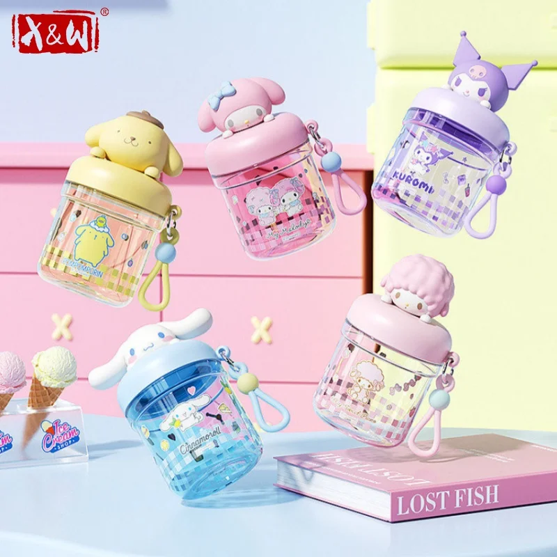 X&W Sanrio Mini Cartoon Water Bottles My Melody Kuromi Space Cup with Cute Doll Lid Leak-proof Tritan Cup Home Juice Drink Cups
