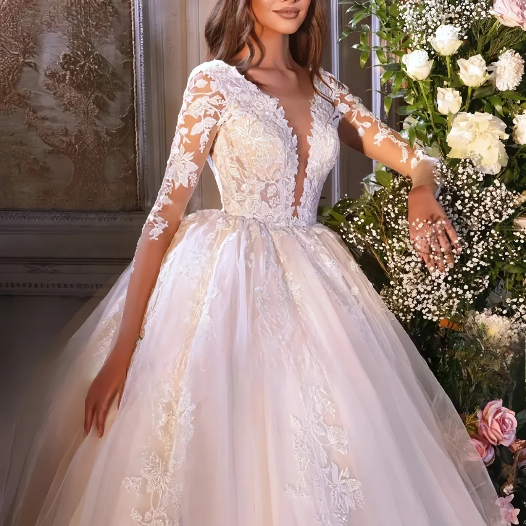 

Customized Luxurious V-neck A-line Wedding Dress Three Quarter Sleeve Appliques Floor Length Tulle Backless Bridal Gown Train