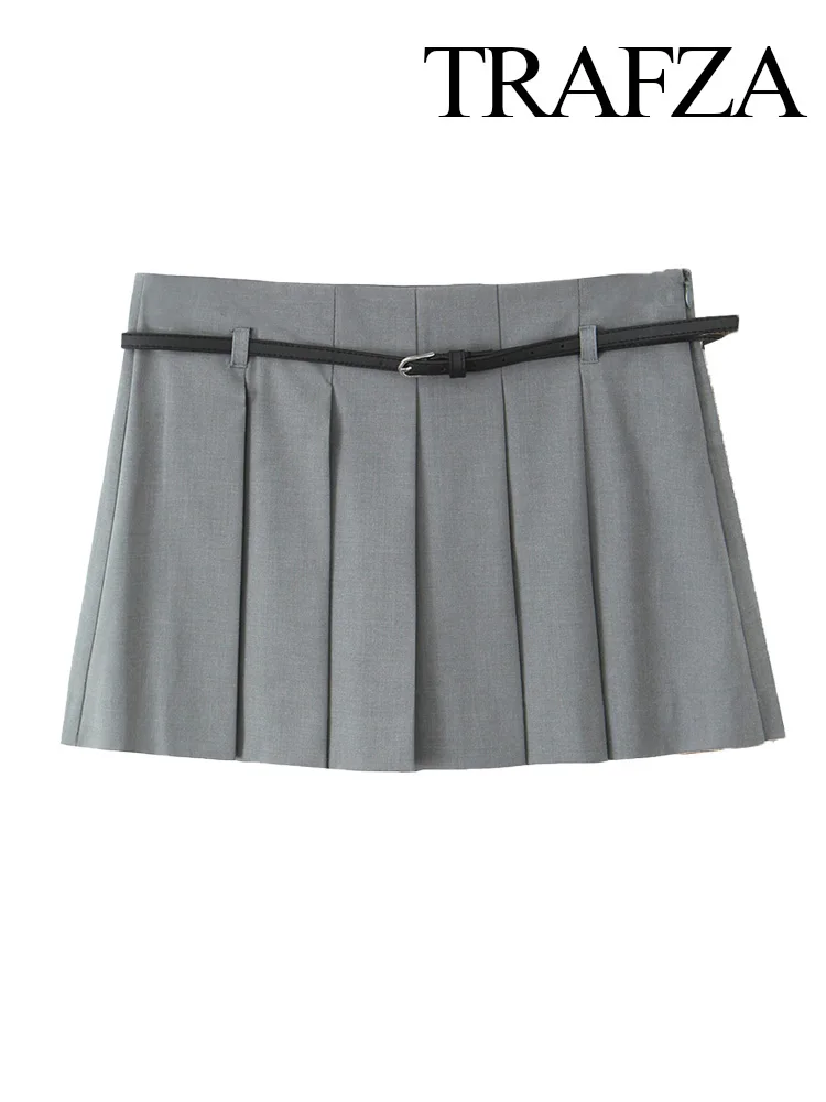 TRAFZA-Mini Culotte Plissée avec Ceinture pour Femme, Décoration Féminine, Taille Haute, Fermeture Éclair Latérale, Style de Rue Décontracté, Pantalon Jupe Slim, Mode d'Été