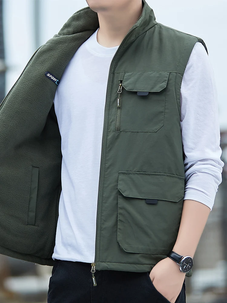 

Утепленный мужской жилет для активного отдыха, осенне-зимний флисовый жилет с множеством карманов, повседневная верхняя одежда для мужчин среднего возраста, с наплечными подушками