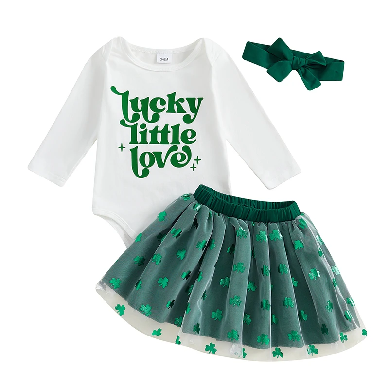 

Baby Girl Ireland Festival Outfits Letter Print Romper Clover Print Layered Tulle Skirts Headband 3Pcs Clothes Set