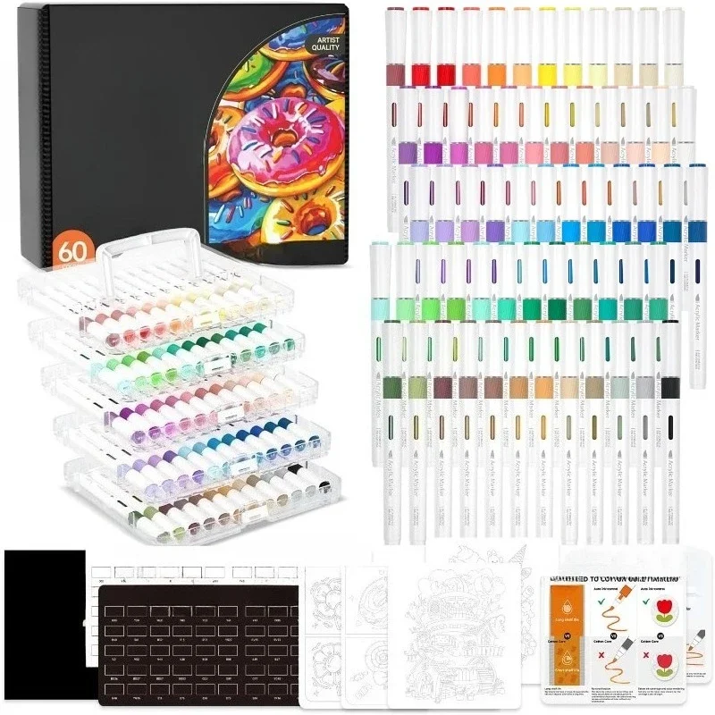

Acrylic Paint Markers 60 Set, Brush Tip with Auto Ink Flow for Canvas, Glass, Fabric & Craft Projects