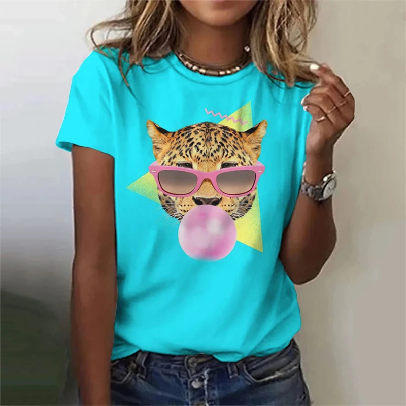 Summer Women\'s T-Shirt Pink 3d Leopard Print Fashion Streetwear Tshirts Harajuku Short Sleeve y2k Tops Oversized Female Clothing