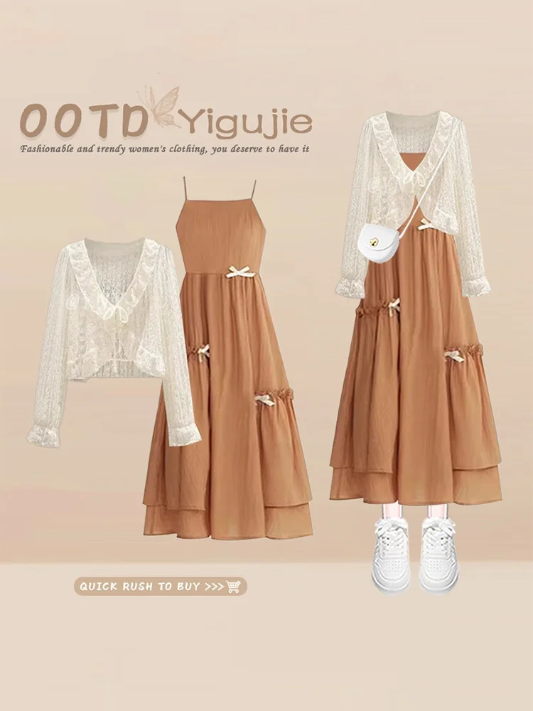 Dopamine Holiday Style Large Size Wood Grain  Open Cardigan Top Summer  Knot Orange Strap Dress Two Piece Set
