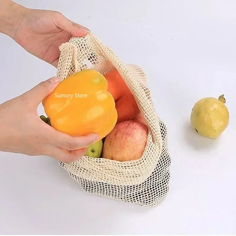 Cotton Mesh Vegetable Bags Produce Bag Reusable Cotton Mesh Vegetable Storage Bag Kitchen Fruit Vegetable with Drawstring Bag