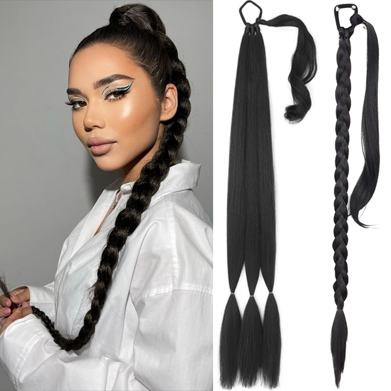 

DIY Braided Ponytail Extensions Long Black Braid Ponytail for Women Natural Synthetic Braids Hairpiece Horse Tail with Rubber