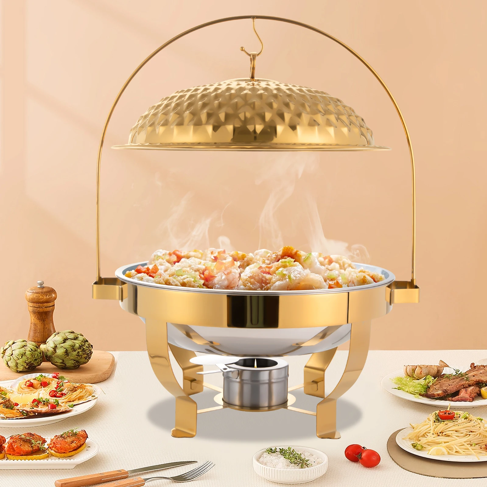 Bymaocar 8.5 QT Hot Pot Buffet, Stainless Steel Stove w/ Lid, Luxurious Circular Food Heater, Wedding Party Dinner Insulated Pot