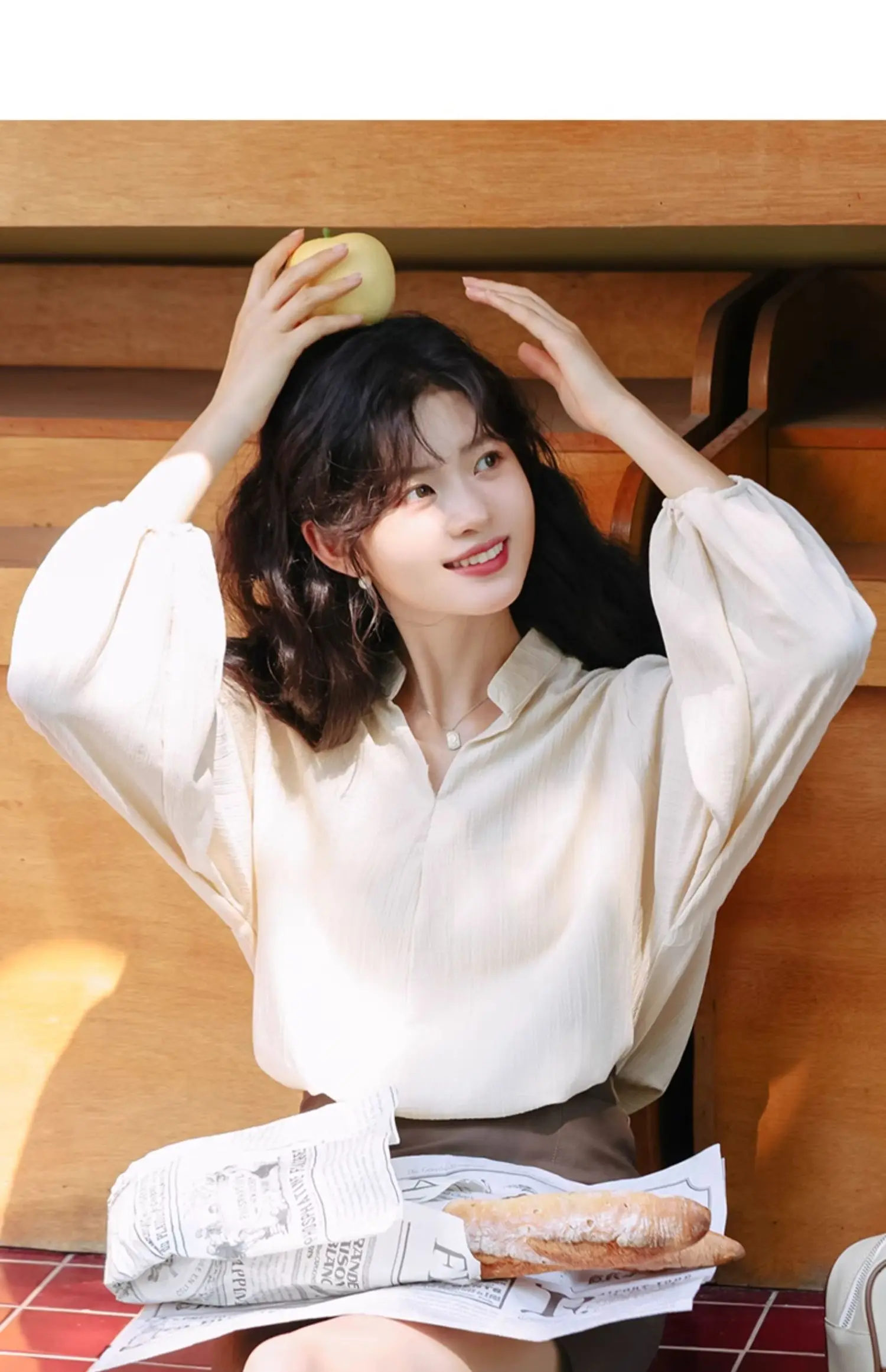 

Long Sleeve Shirts Womens Satin Oversized Button Down Tops Lantern Sleeves Pleated Hem Slim Fit Preppy Feminine Retro French