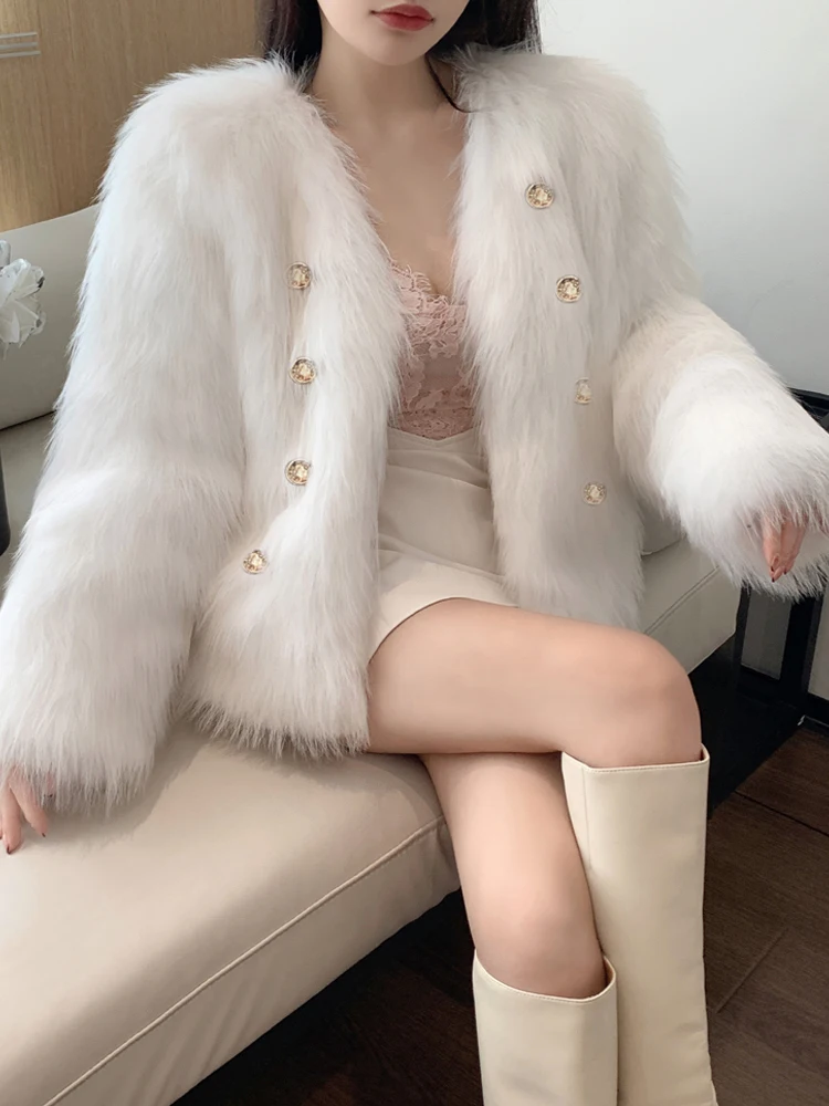 2023 Winter New Women Fashion Faux Fur Jacket Advanced Sense Button Decoration Loose Warm Fluffy Plush Thickening Outwear Coats