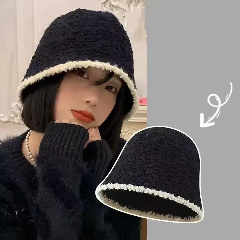 Topi Wanita Musim Gugur dan Musim Dingin, Topi Bucket Lingkar Kepala Besar, Gaya Jepang, Topi Rajut Hitam Berbulu, Topi Nelayan Sederhana