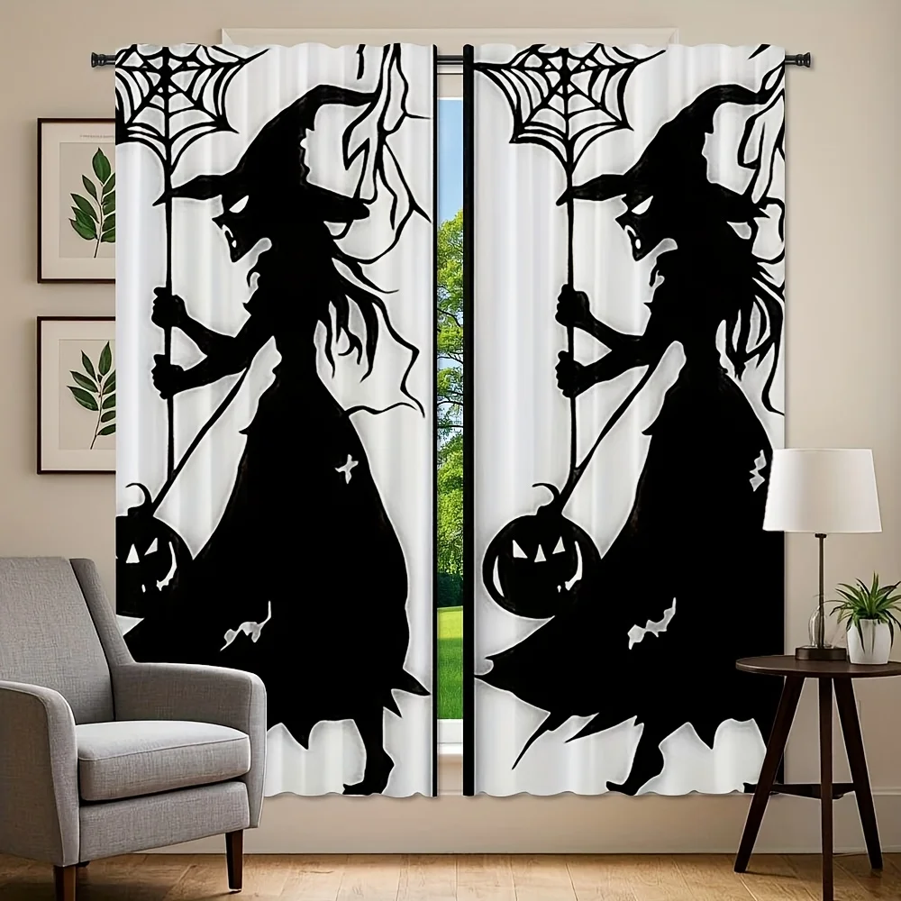 Spooky Halloween Witch Curtains Black Silhouette Gothic Fall Window Drapes Pair Scary Seasonal Home Decor