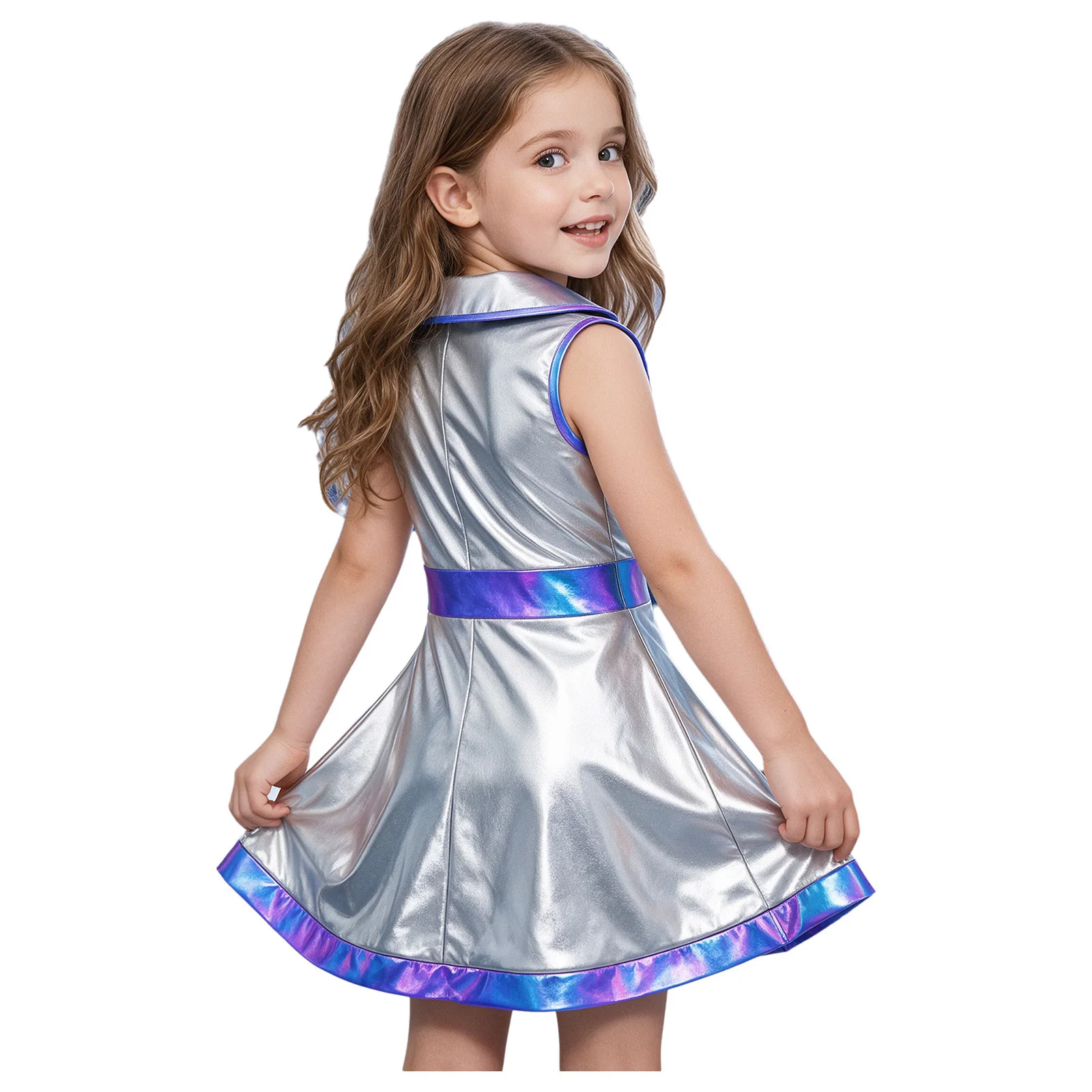 Kids Silver Astronaut Costume Girls Alien Tutu Dress Metallic Front Zipper Sleeveless A-line Dress Halloween Outerspace Party