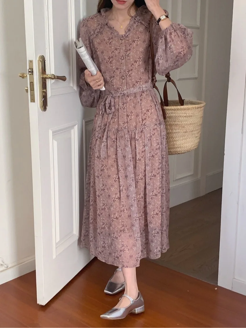 Ele V-Ne bloemen stropdas taille chiffon Dr lange dames Faion lente nieuwe Sle Chic taille cinching jurk met riem