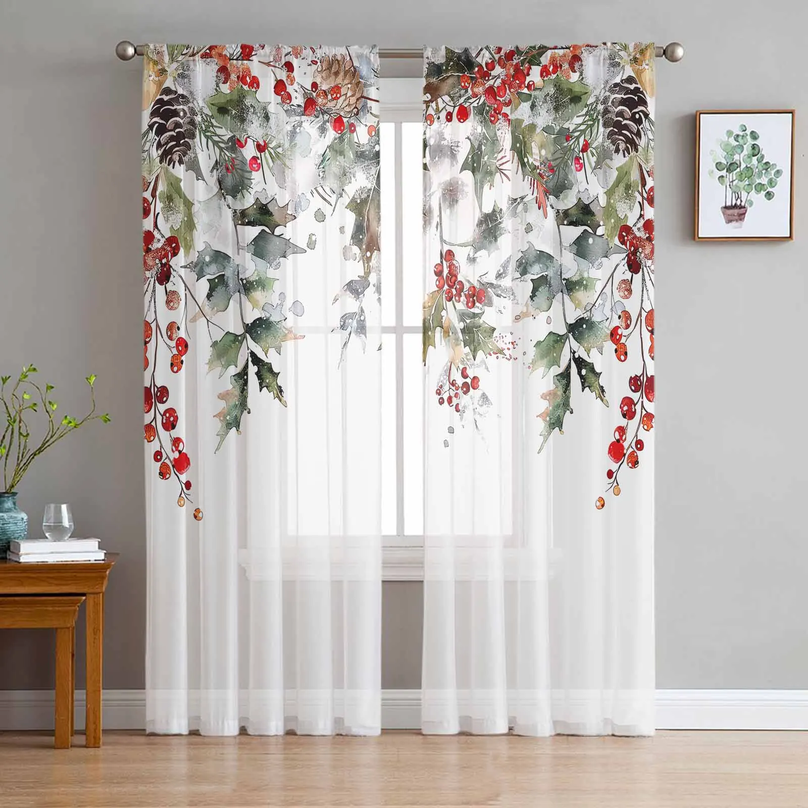 

Christmas Pine Berry Eucalyptus Leaf Snowman Tulle Curtains for Living Room Bedroom Sheer Voile Drapes Modern Printed Curtains