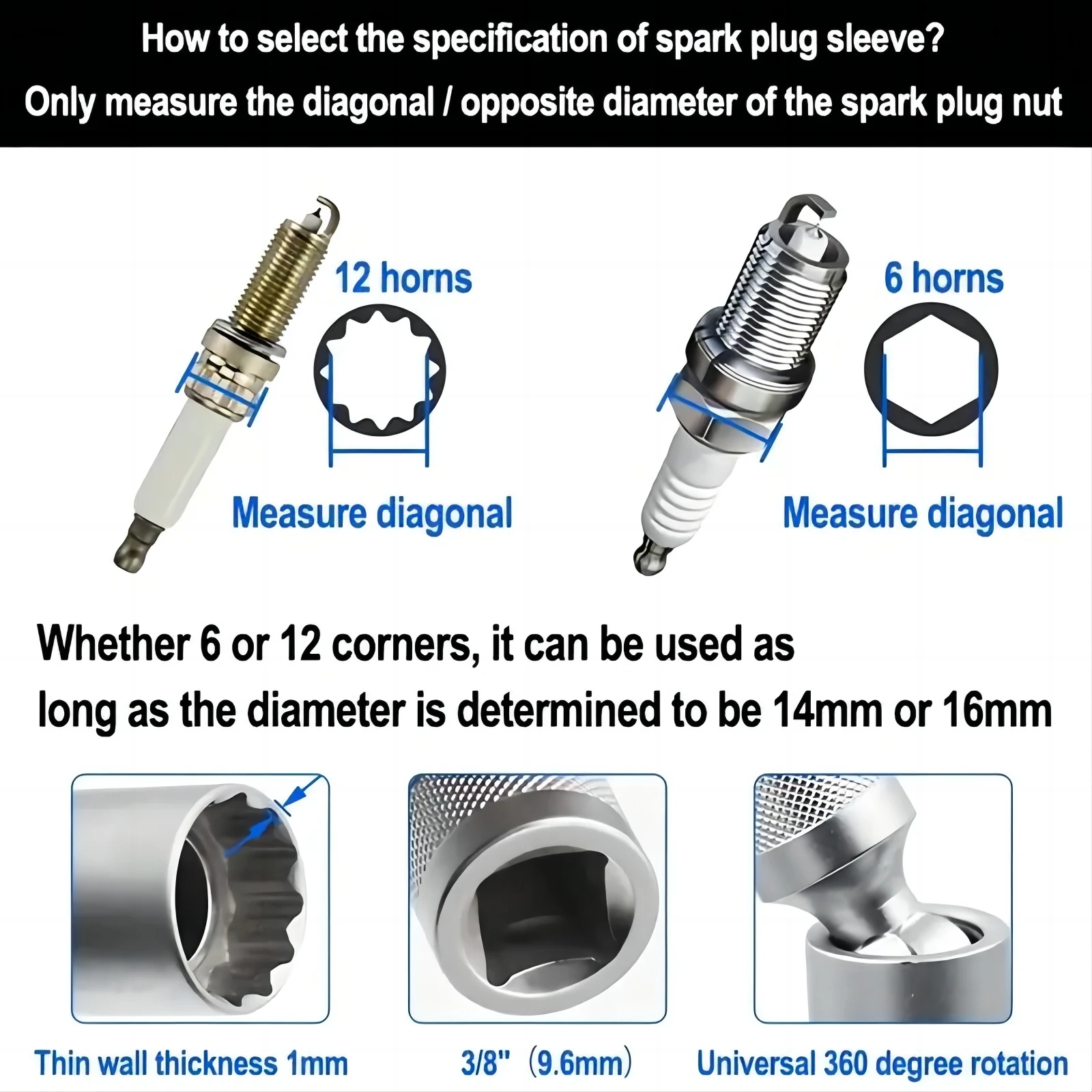 Torque wrench for spark plug 5PCS set 3/8 5-60N.m two-way adjustment, 14mm, 16mm sleeve removal ratchet auto repair repair tool