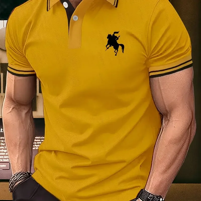 Men's Summer Fashion Horse Riding Knight Pattern Short Sleeve Lapel Collar Henley Shirt Golf Tops For Business Polos