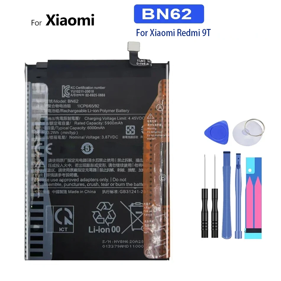 Battery 6000mAh, BN62, For Xiaomi Pocophone, Poco M3, Note 9, for Redmi 9T, Free Tools